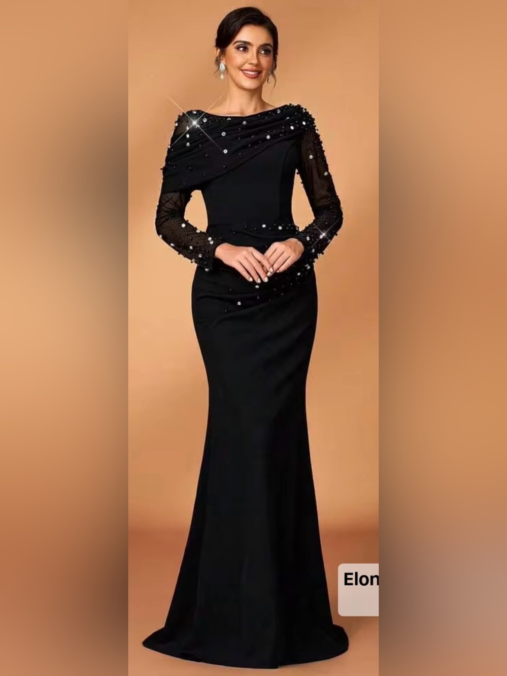 SHEIN Black Long Sleeve Beaded Mermaid Gown